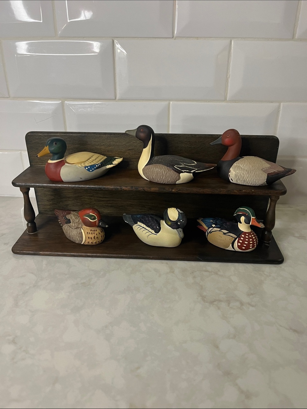 Vintage Avon collector duck series set of 6 with wooden display shelf